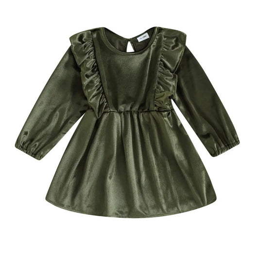 Evergreen Velvet Ruffle Dress