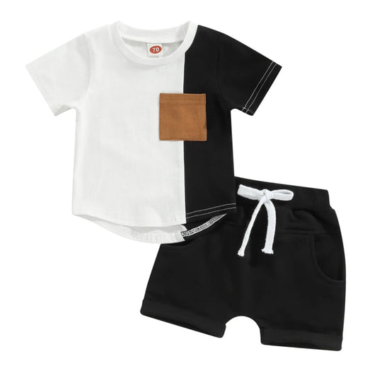 Black Color Block Tee and Shorts Set