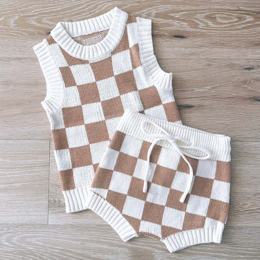 Neutral Checker Knitted Set