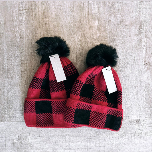 Mama & Baby Matching Knitted Hat - Red Plaid