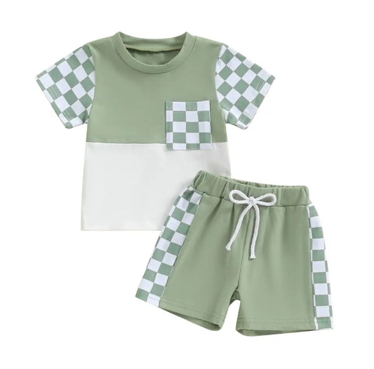 Sea Green Checker Tee & Shorts Set