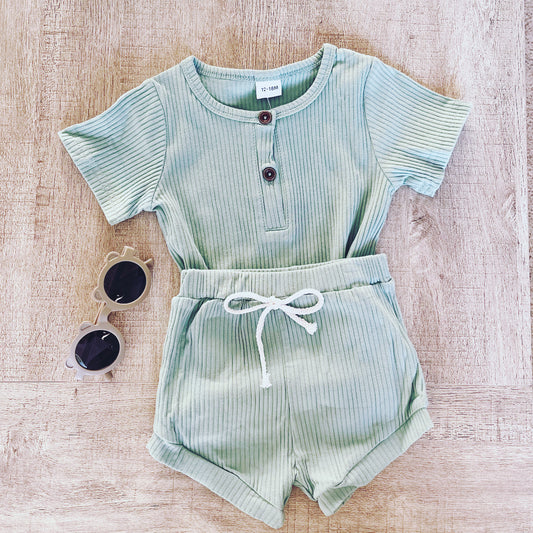 Henley T-Shirt and Shorts Set - Sage: 12-18 Months