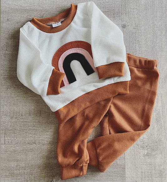 Waffle Rainbow Crew Neck and Pants Set - Camel