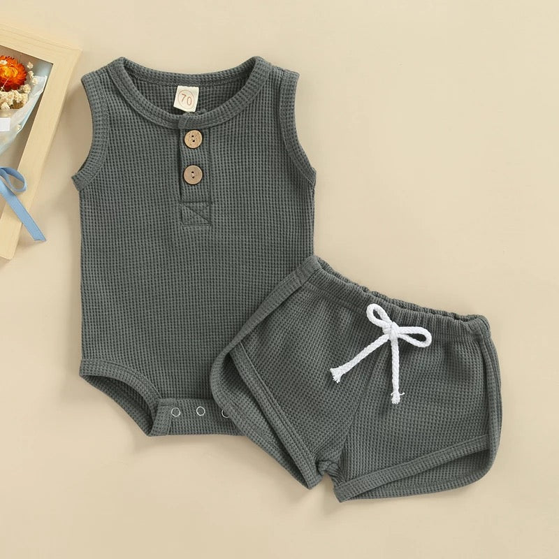 Waffle Henley Onesie & Shorts Set - Gray