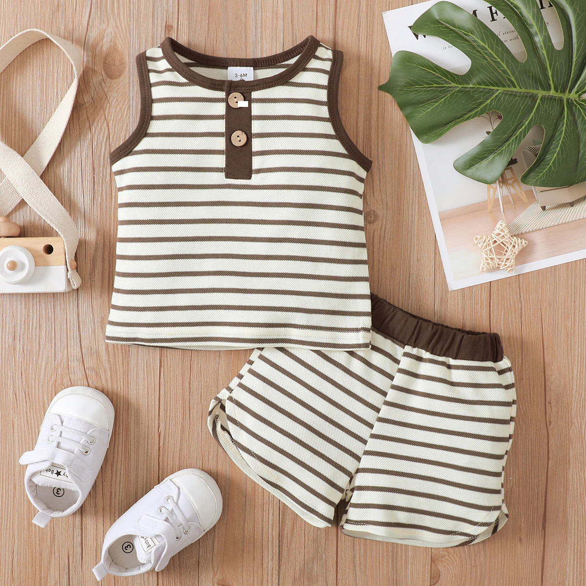 Striped Tank Top and Shorts Set - Coffee