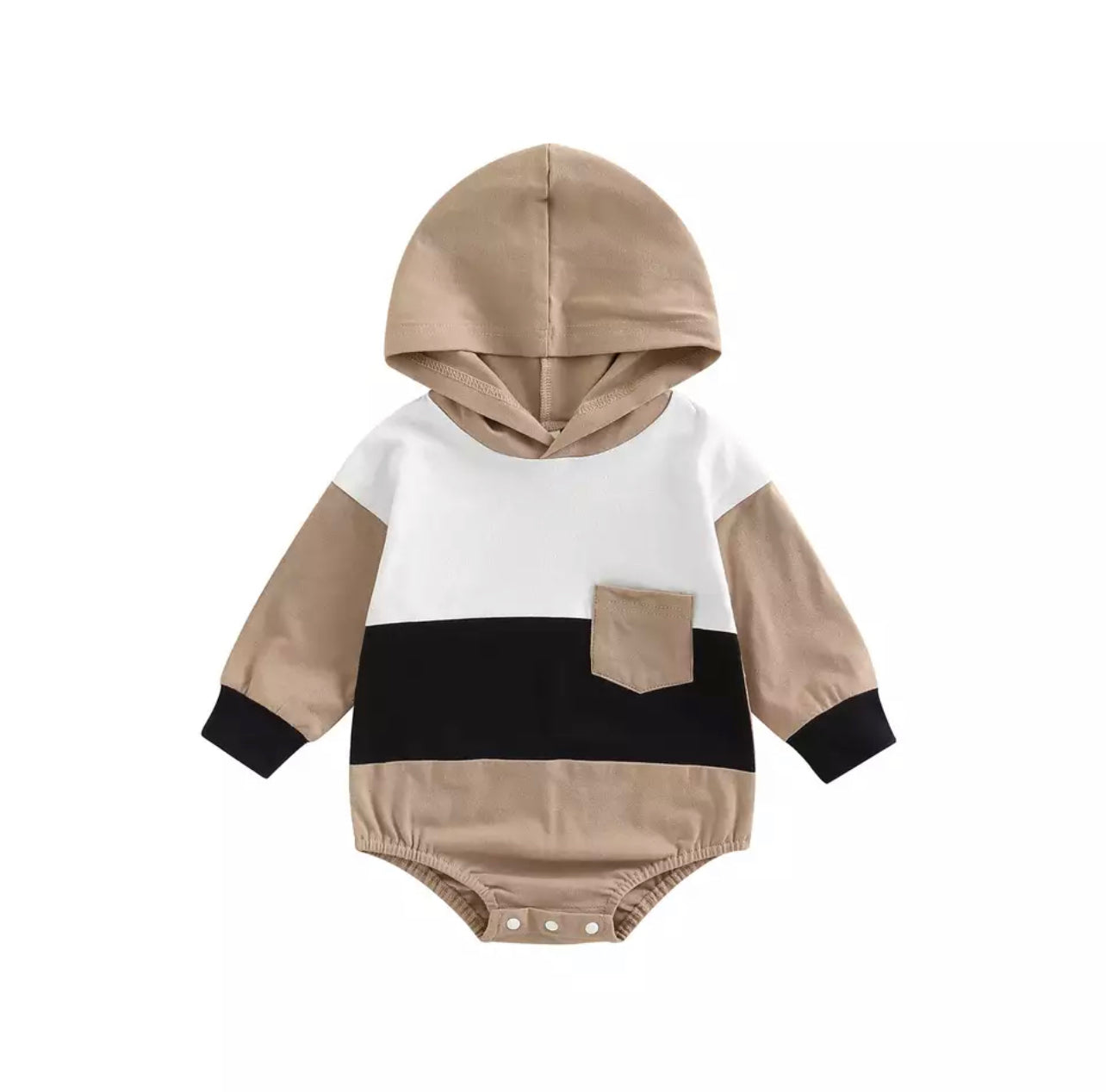 Neutral color taupe, black, and white color block baby/toddler romper with long sleeves and a hood